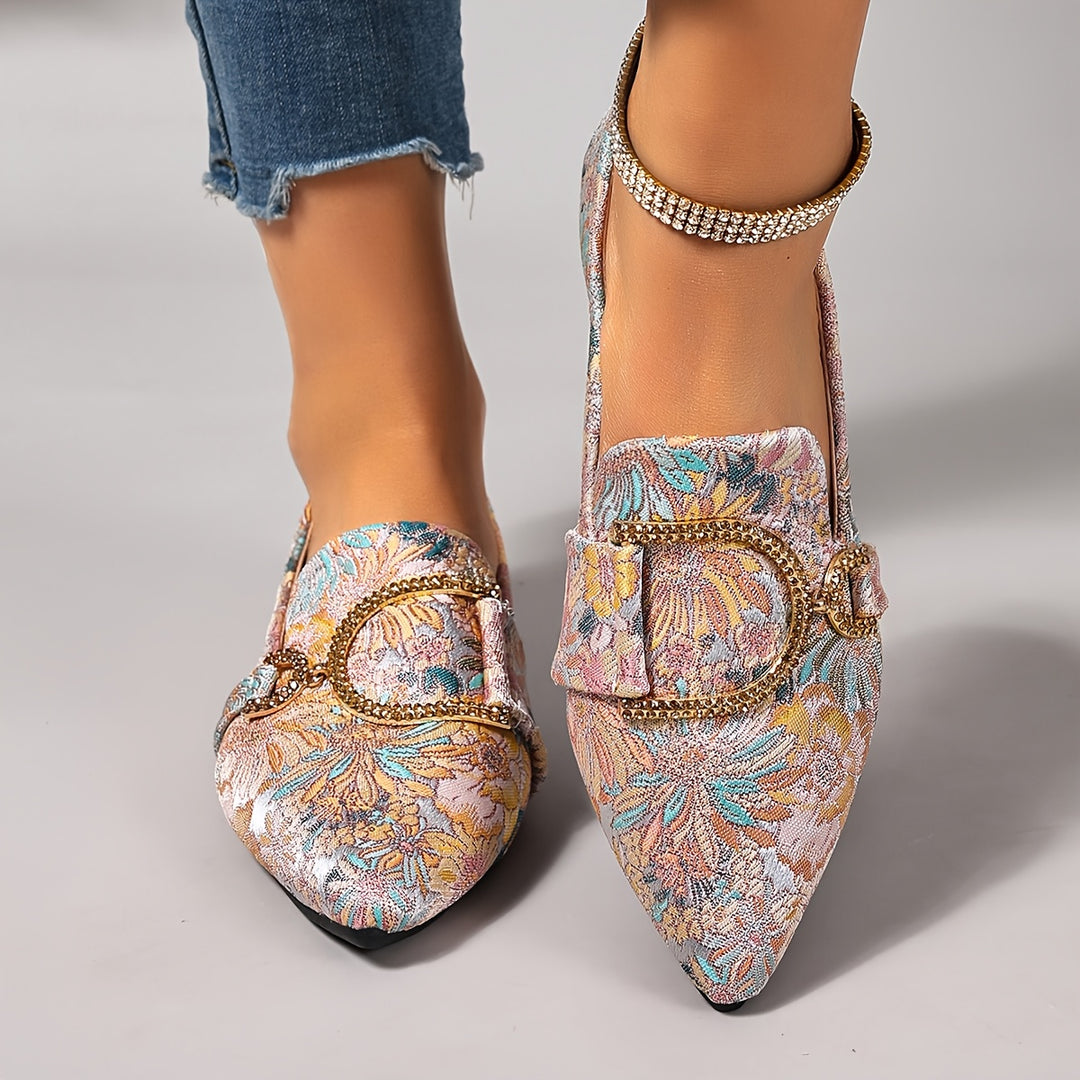 Elegant Pointed Toe Floral Rhinestone Buckle Flat Shoes