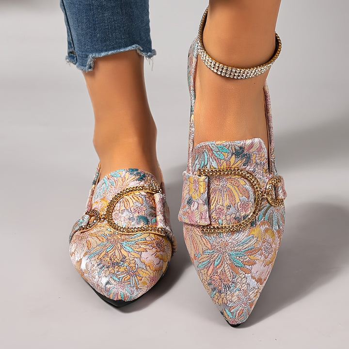 Elegant Pointed Toe Floral Rhinestone Buckle Flat Shoes