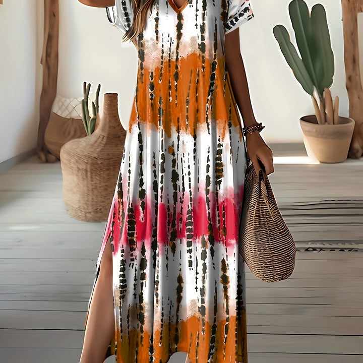 Women Tie Dye V-Neck Dress Split Sleeve Summer