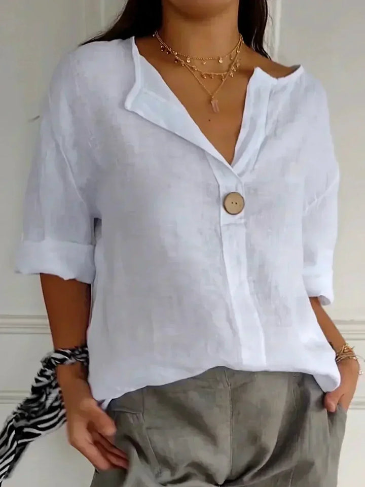 Jacinda | Cotton Linen Blend V-Neck Blouse with 3/4 Roll-Up Sleeves