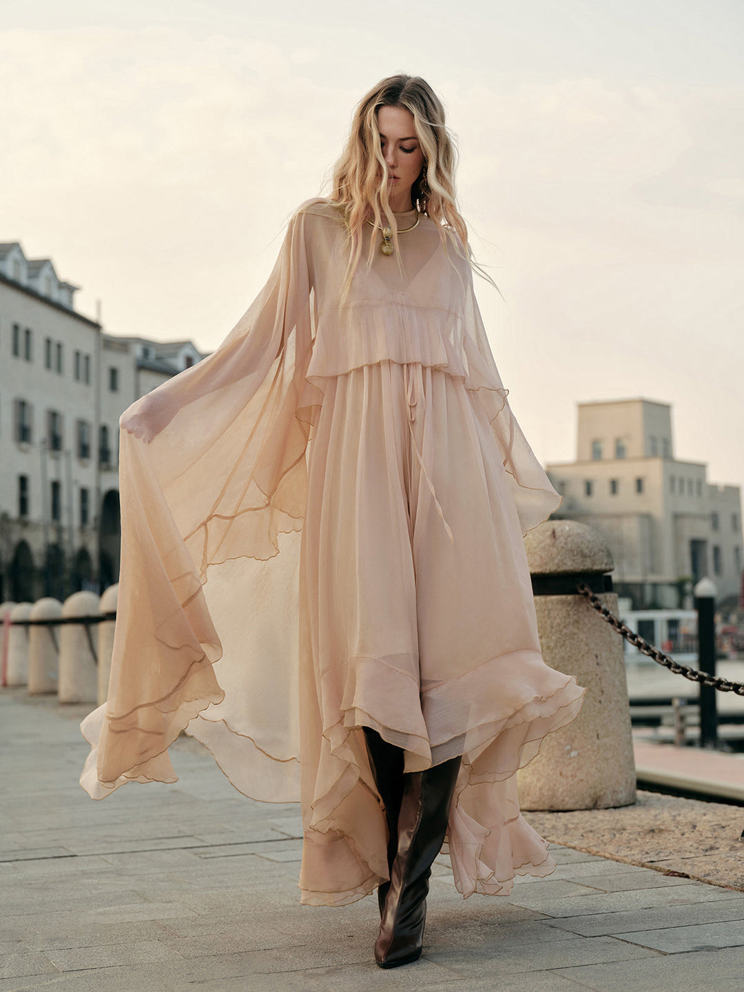 Mariana | Women Boho Chiffon Layered Dress With Cloak
