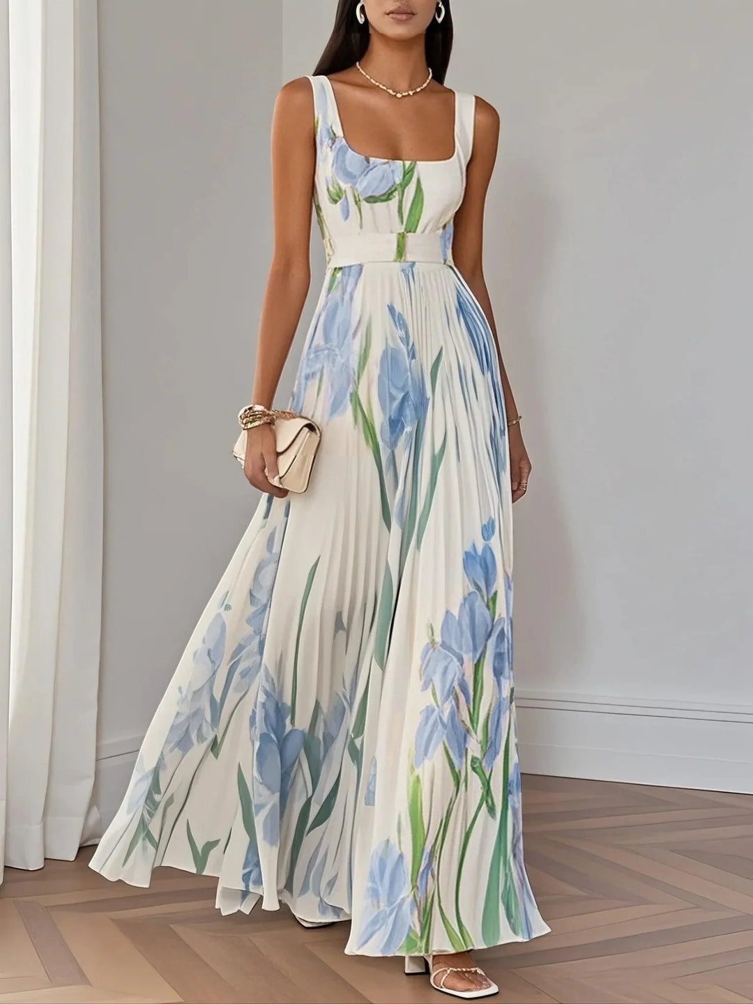 Lola - Elegant Pleated Square-Neck Floral Maxi Dress