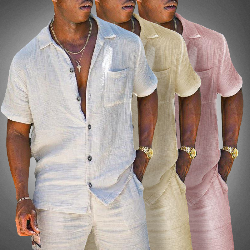 Percival | Men’s Solid Linen Tracksuit Set with Short Sleeve Lapel Button Shirt and Shorts