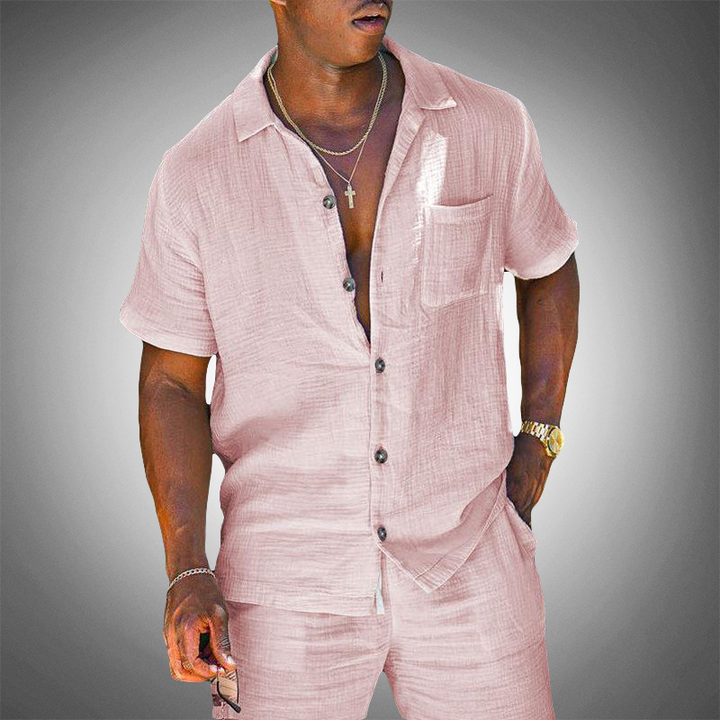 Percival | Men’s Solid Linen Tracksuit Set with Short Sleeve Lapel Button Shirt and Shorts