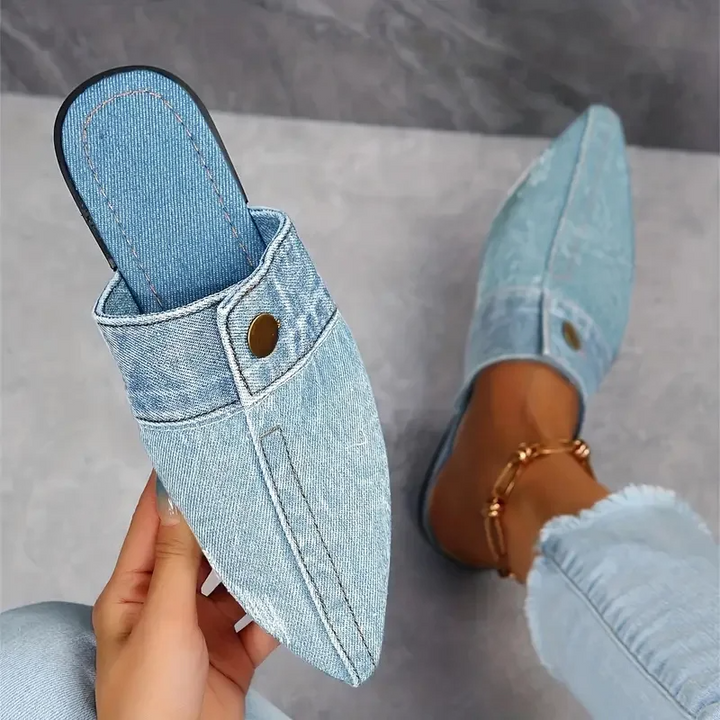 Sofia | Women's Pointed Toe Denim Mule Slip-On Flat Slides