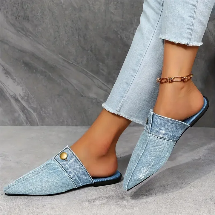 Sofia | Women's Pointed Toe Denim Mule Slip-On Flat Slides