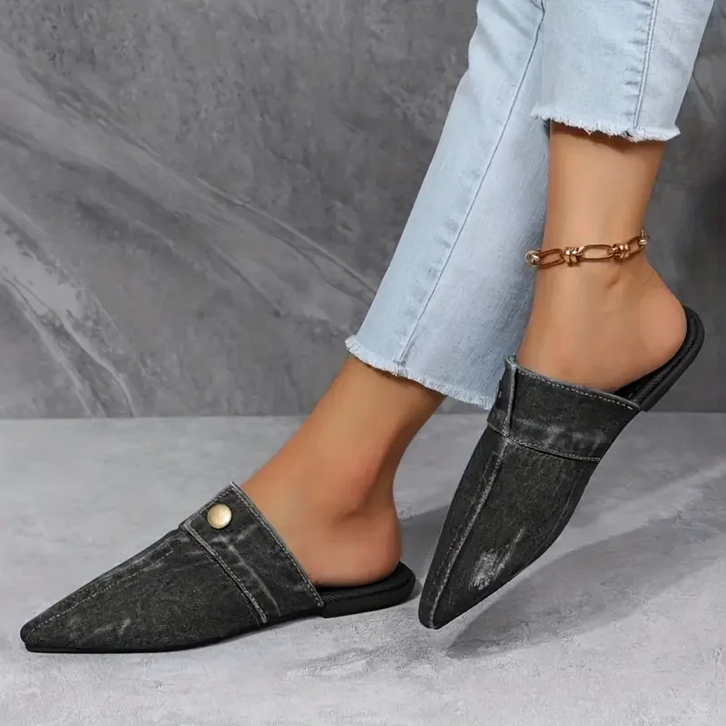 Sofia | Women's Pointed Toe Denim Mule Slip-On Flat Slides