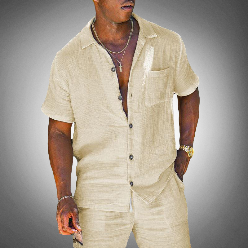Percival | Men’s Solid Linen Tracksuit Set with Short Sleeve Lapel Button Shirt and Shorts