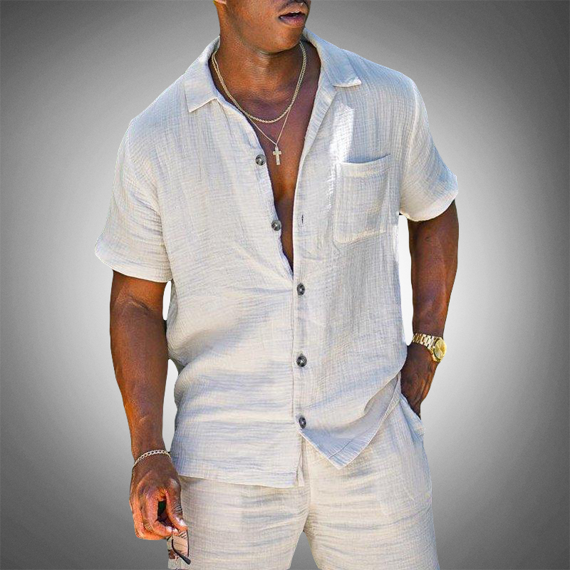 Percival | Men’s Solid Linen Tracksuit Set with Short Sleeve Lapel Button Shirt and Shorts