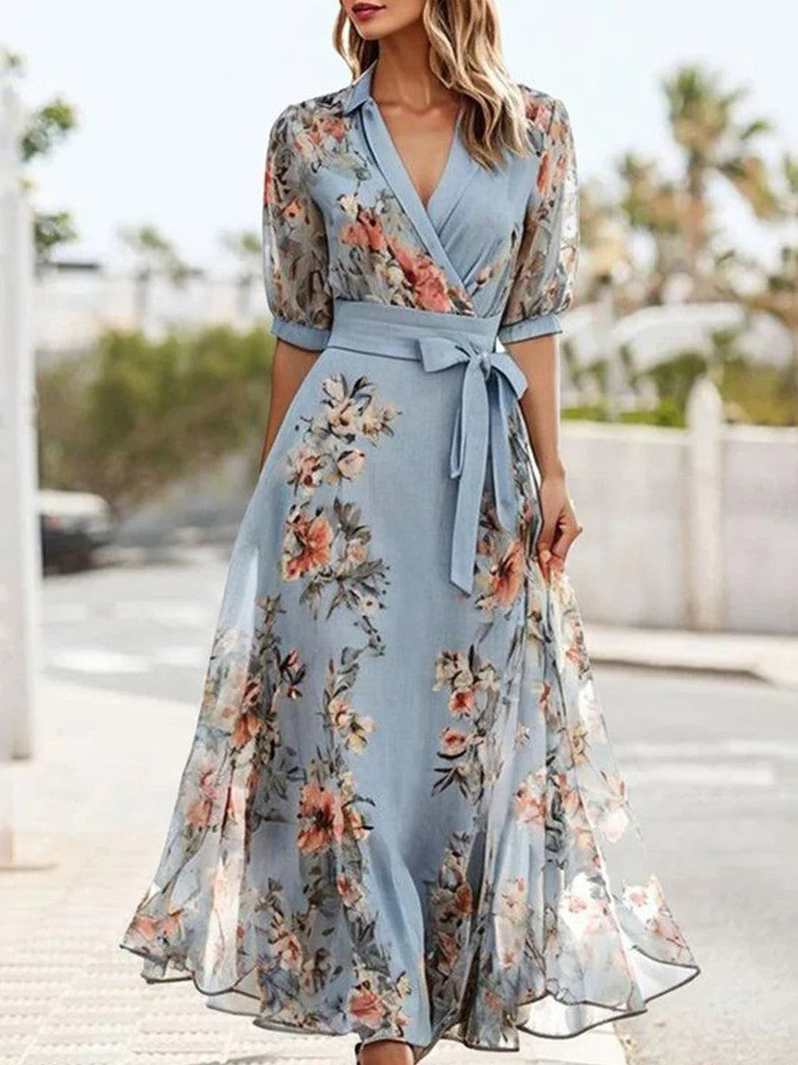 Lily | Elegant Floral Print V-Neck Chiffon Midi Dress