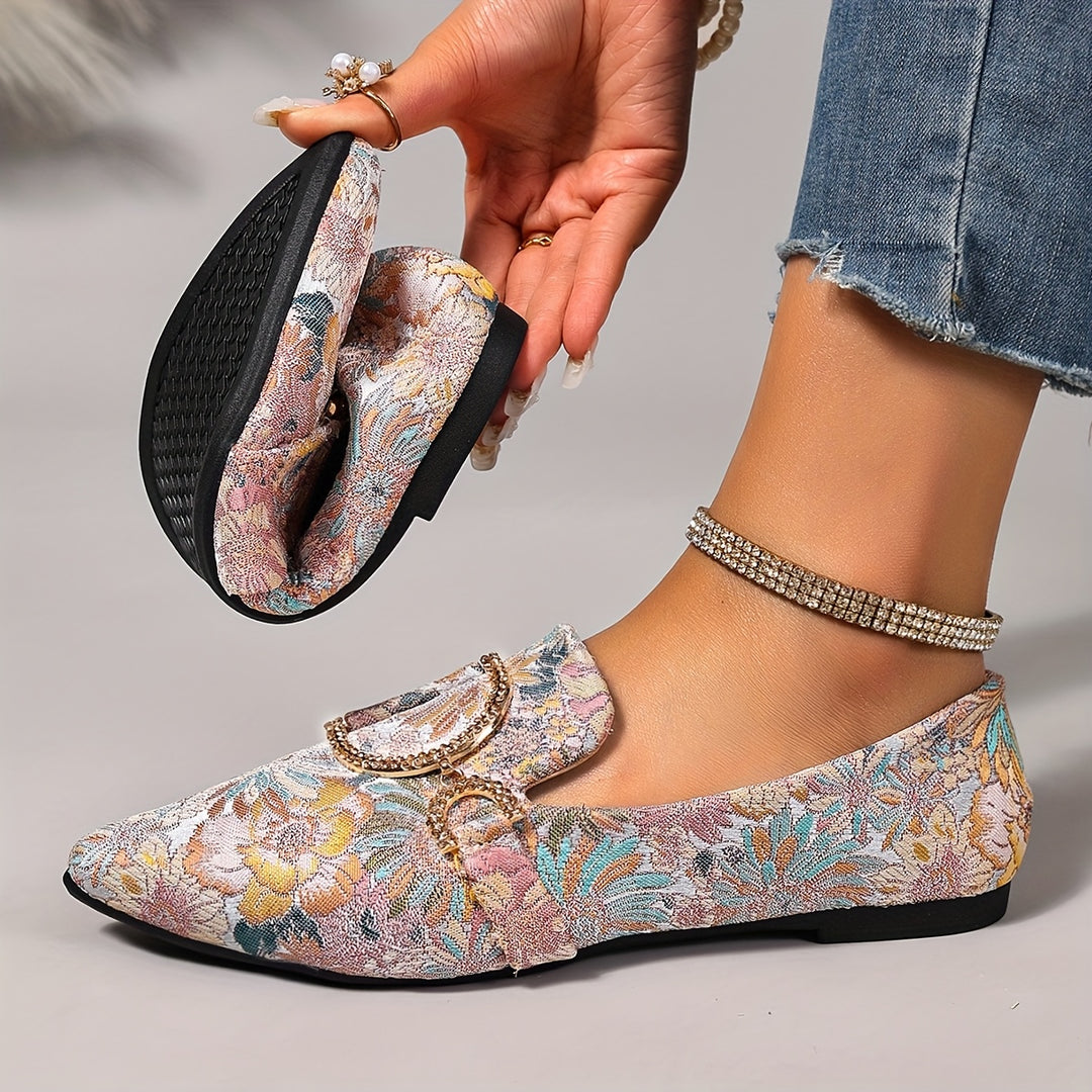 Elegant Pointed Toe Floral Rhinestone Buckle Flat Shoes