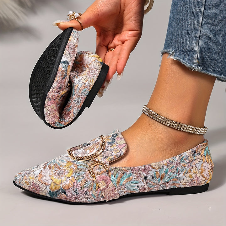 Elegant Pointed Toe Floral Rhinestone Buckle Flat Shoes