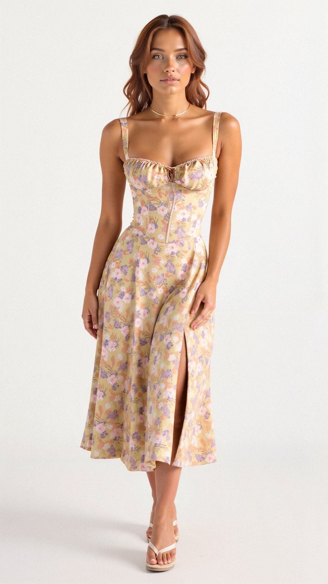 Laura - Women Elegant Floral Square-Neck Corset Midi Dress