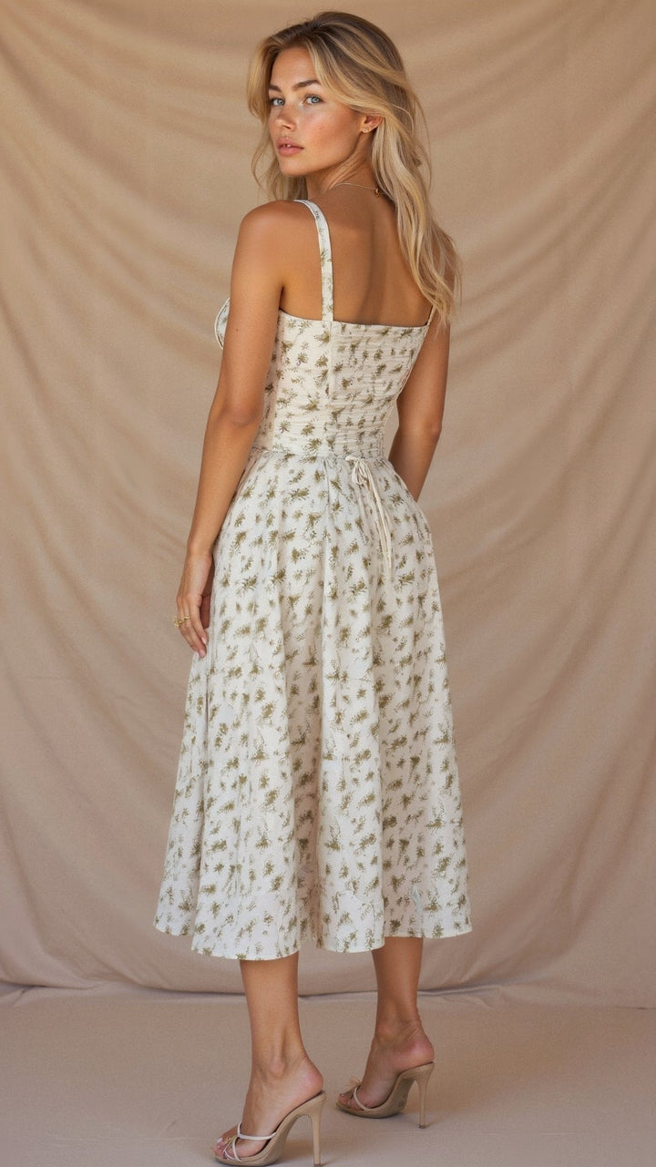 Laura - Women Elegant Floral Square-Neck Corset Midi Dress