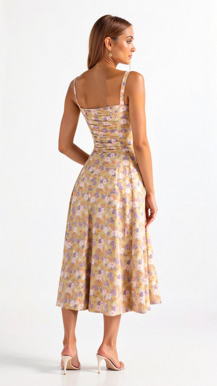 Laura - Women Elegant Floral Square-Neck Corset Midi Dress