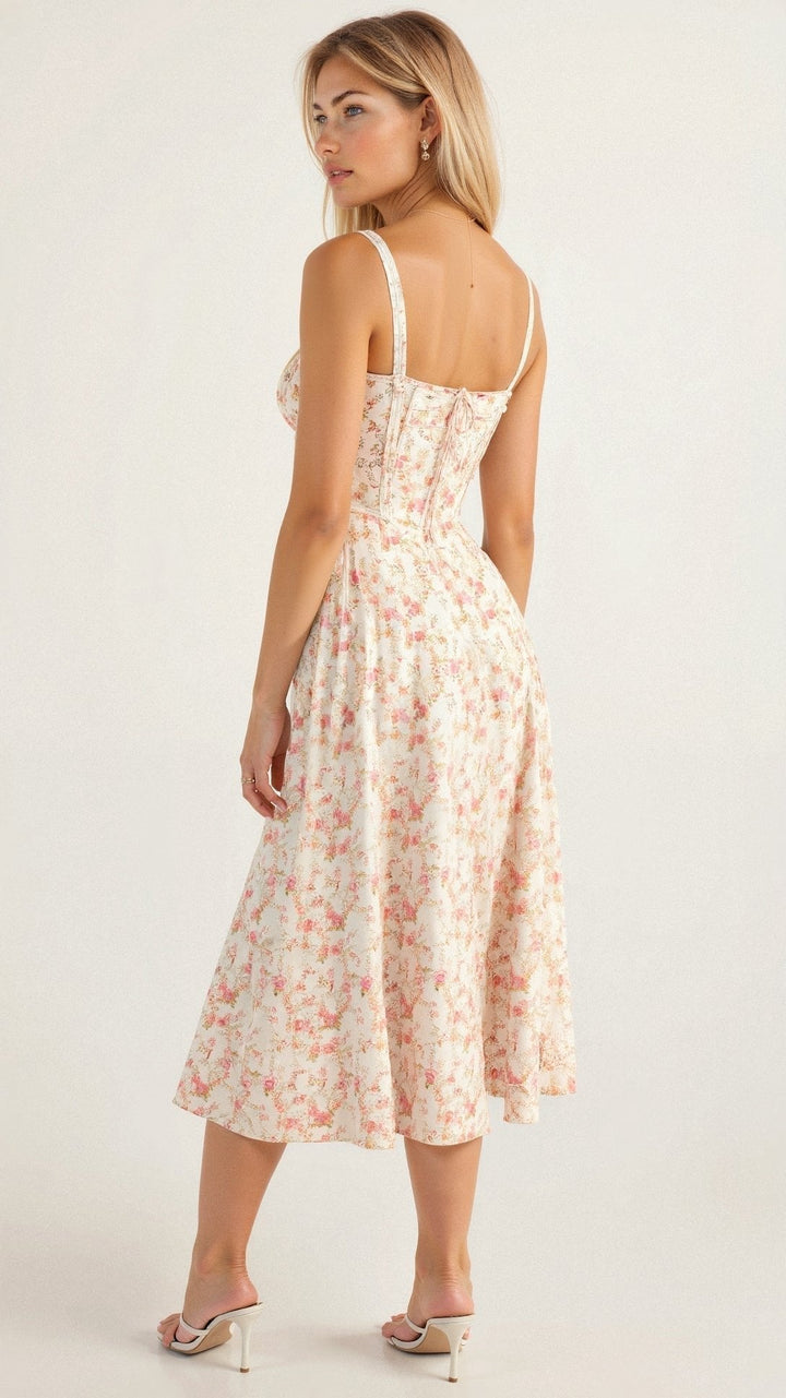 Laura - Women Elegant Floral Square-Neck Corset Midi Dress