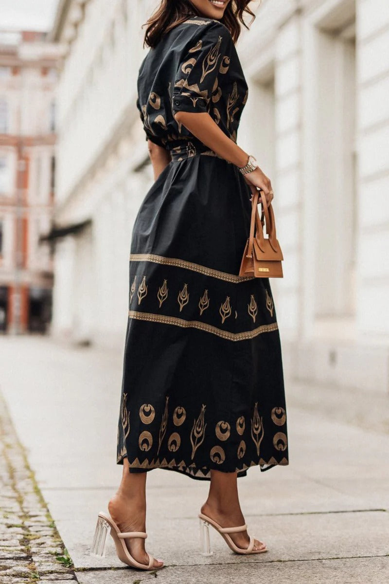 Fiona | Women's Boho Printed Belted Formal Midi Dress