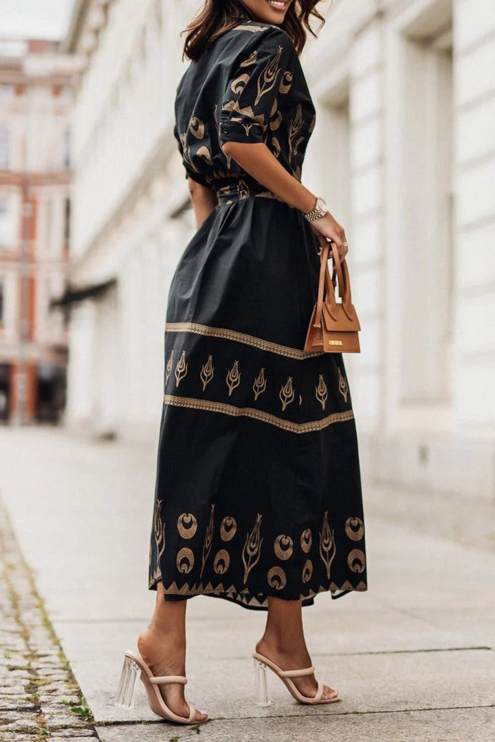 Fiona | Women's Boho Printed Belted Formal Midi Dress