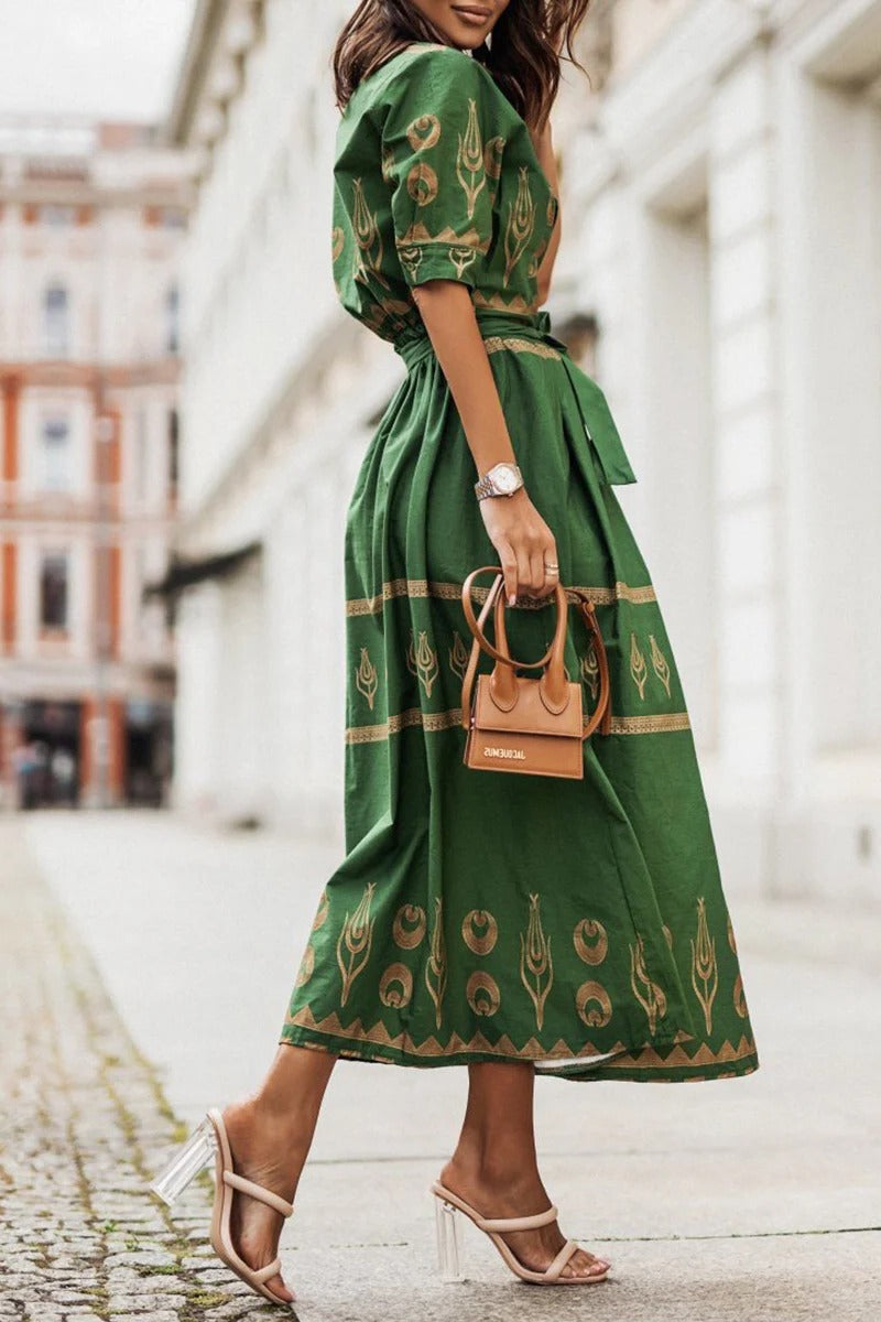 Fiona | Women's Boho Printed Belted Formal Midi Dress