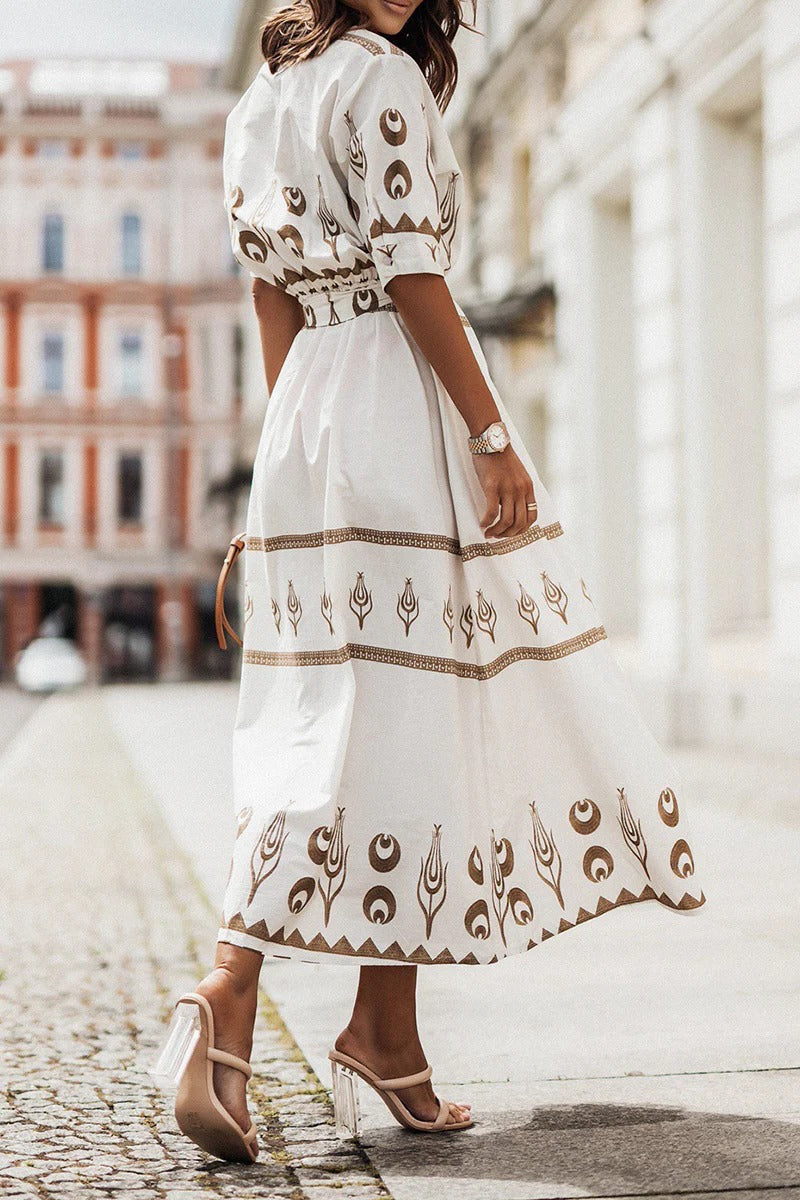 Fiona | Women's Boho Printed Belted Formal Midi Dress