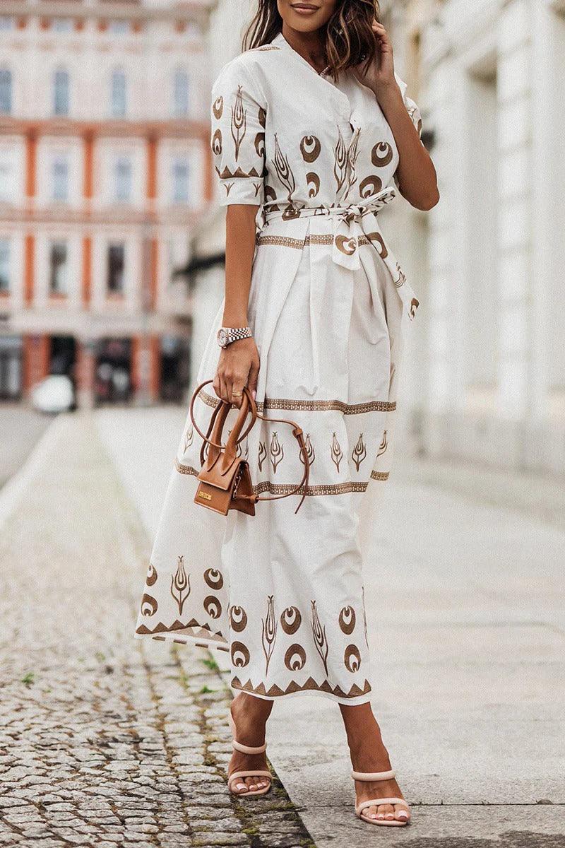 Fiona | Women's Boho Printed Belted Formal Midi Dress