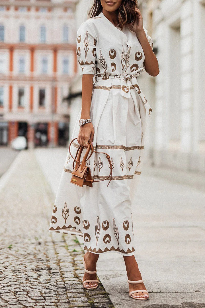 Fiona | Women's Boho Printed Belted Formal Midi Dress
