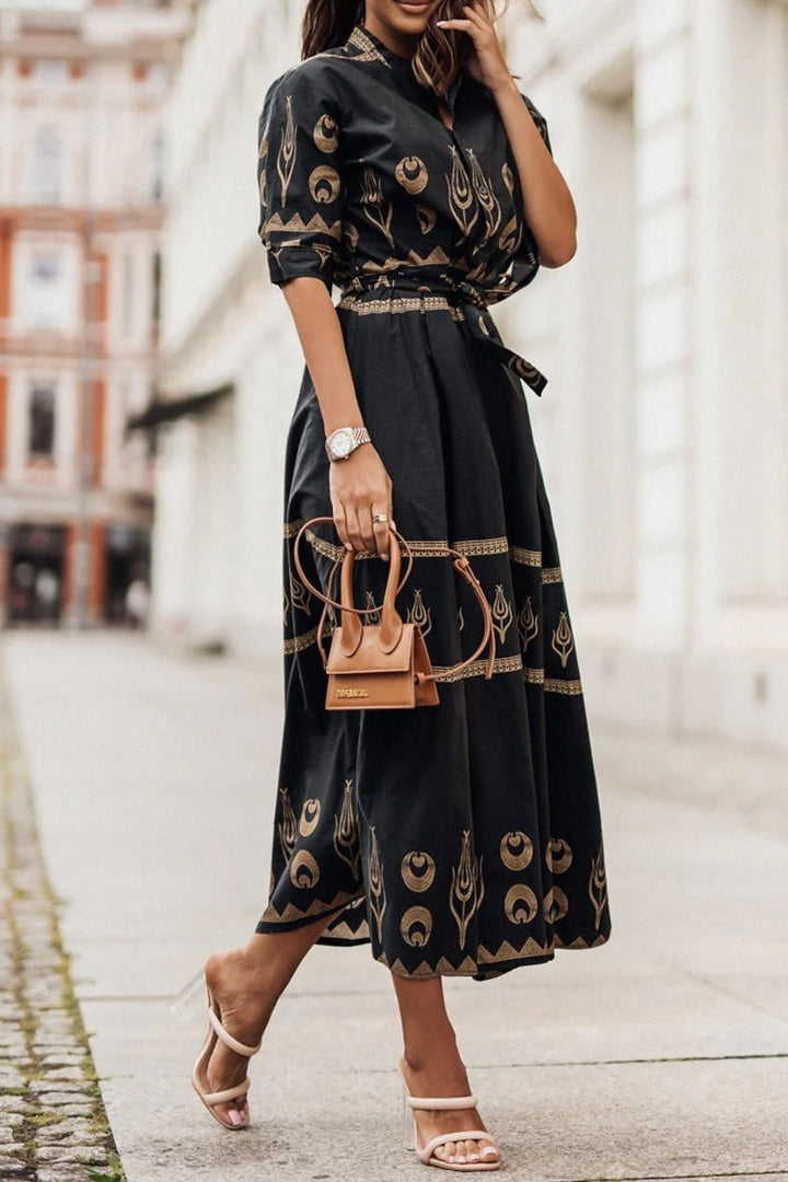 Fiona | Women's Boho Printed Belted Formal Midi Dress