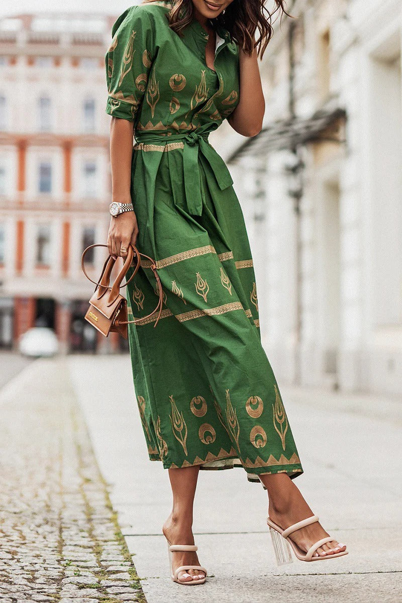 Fiona | Women's Boho Printed Belted Formal Midi Dress