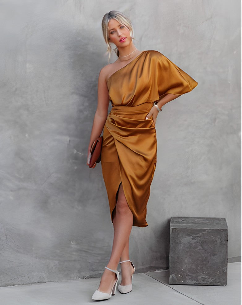 Breanie - Elegant One Shoulder Cocktail Midi Dress
