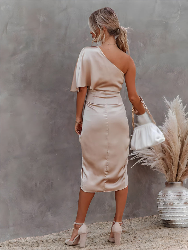 Breanie - Elegant One Shoulder Cocktail Midi Dress