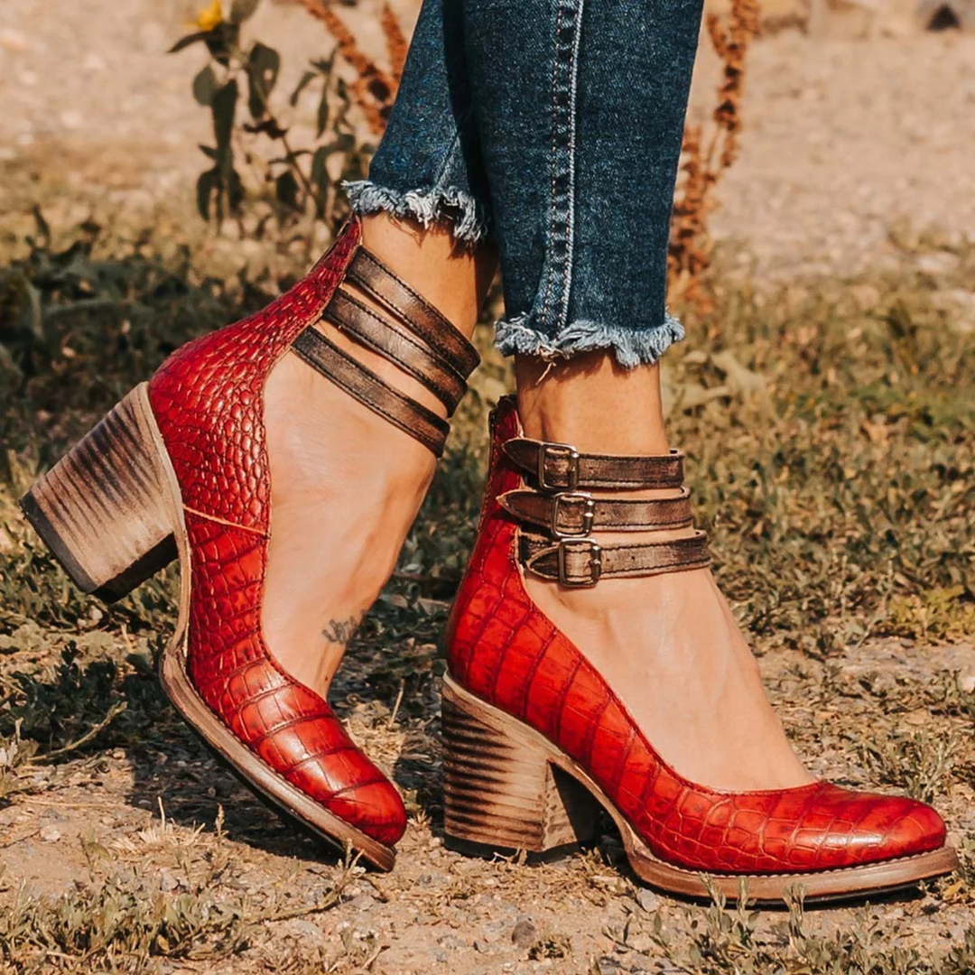 Mey - Elegant Ankle Strap Block Heel Boot
