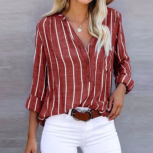 Sammy - Casual Linen Striped Button-Front Summer Blouse