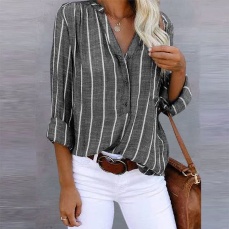 Sammy - Casual Linen Striped Button-Front Summer Blouse