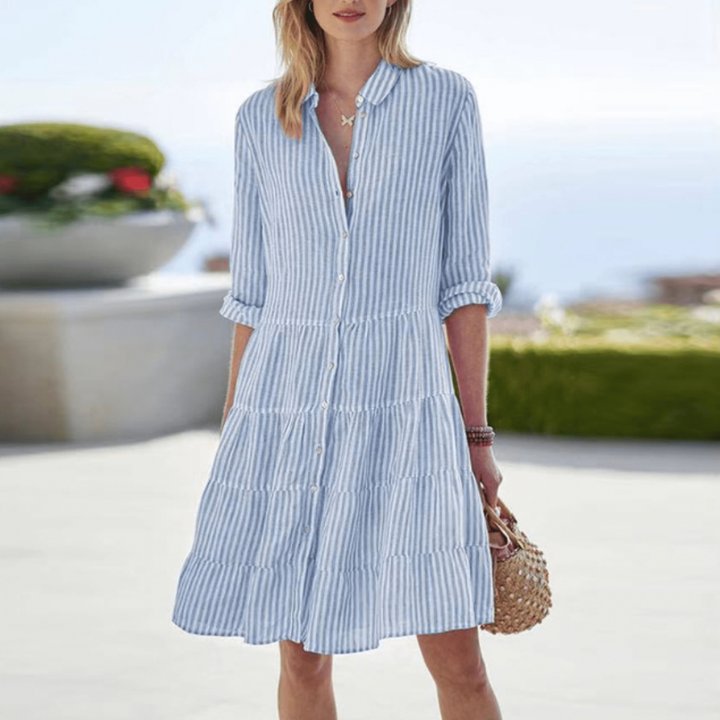 Vera - Elegant Linen Striped Shirt Dress Tiered Button-Down 3/4 Sleeve