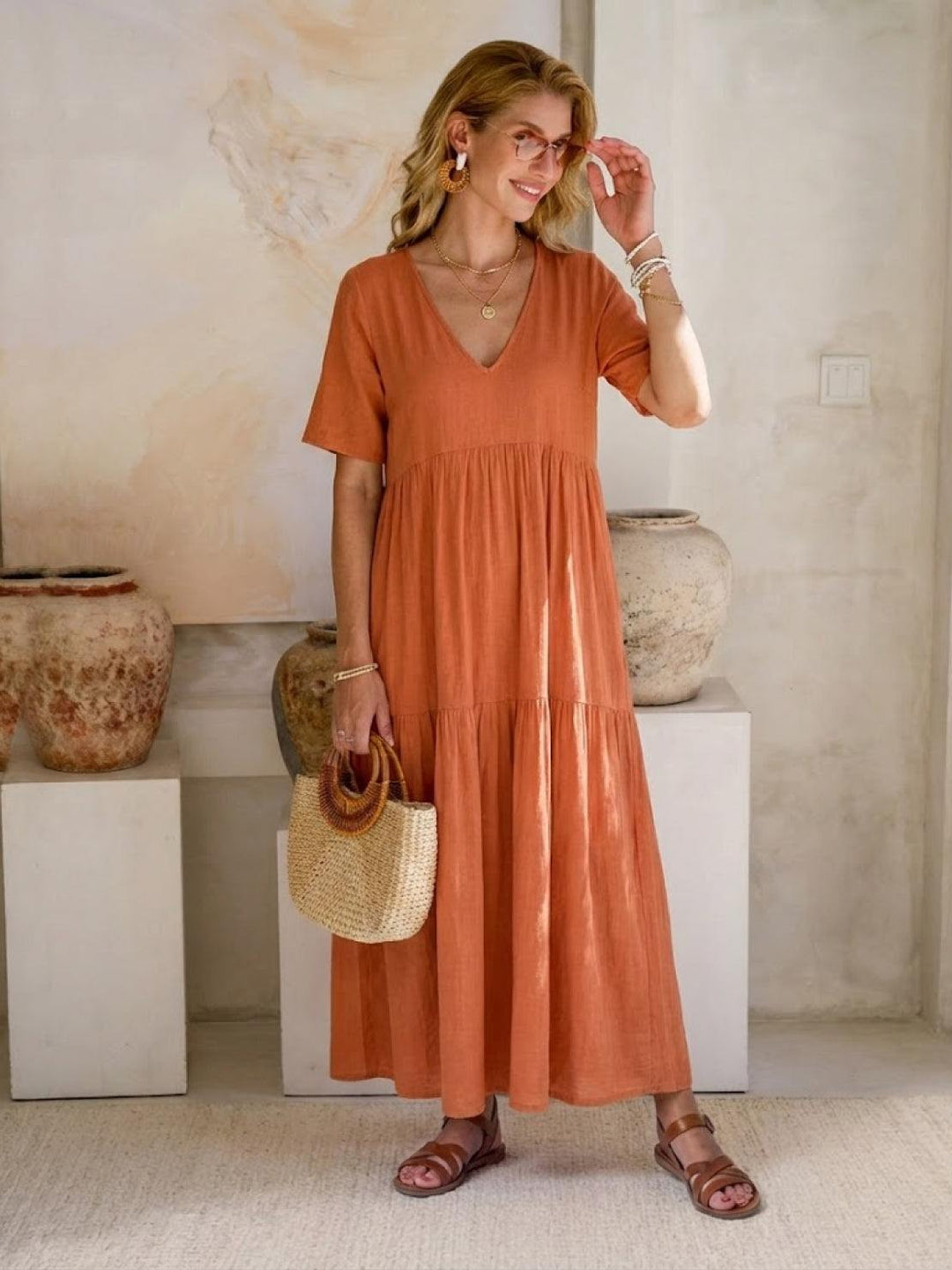 Nicole | Women Boho V Neck Tiered Maxi Dress