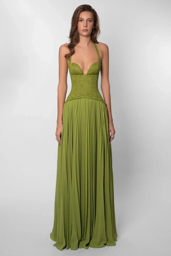 Alice | Women's Halter Pleated Maxi Wedding Guest Dress