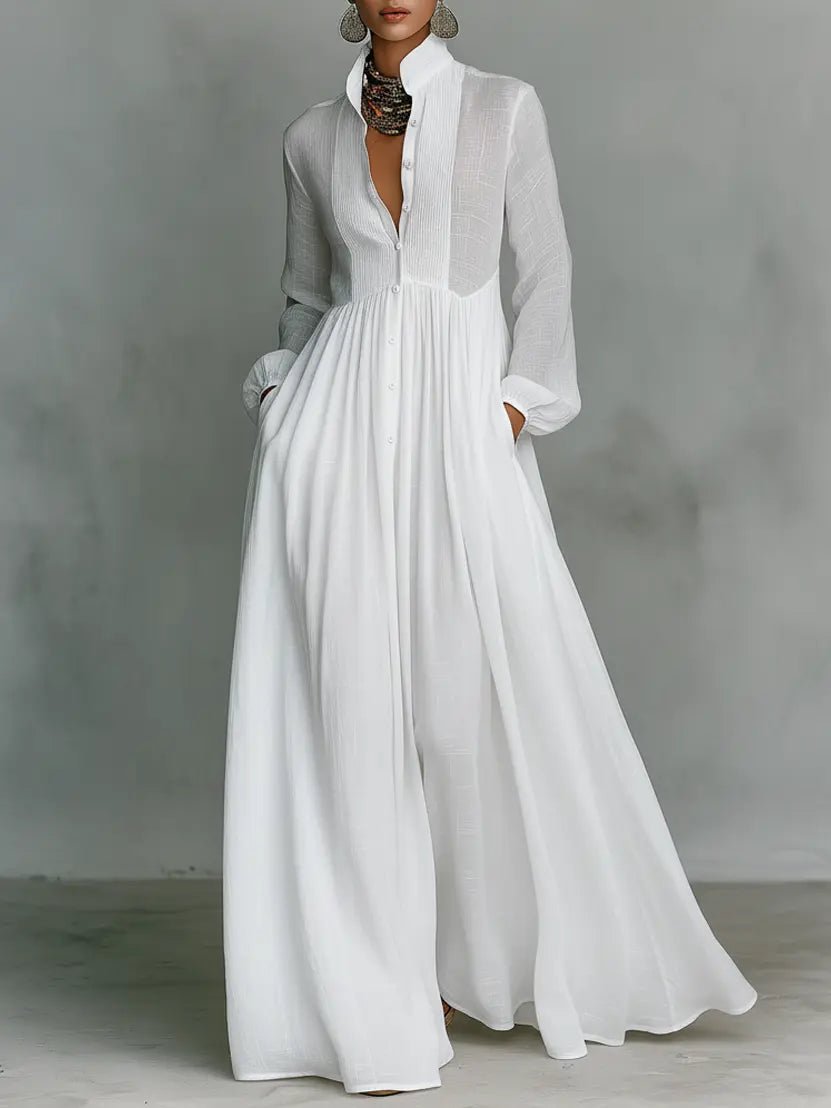 Jeane | Women Linen Stand-Collar Button-Front Maxi Dress