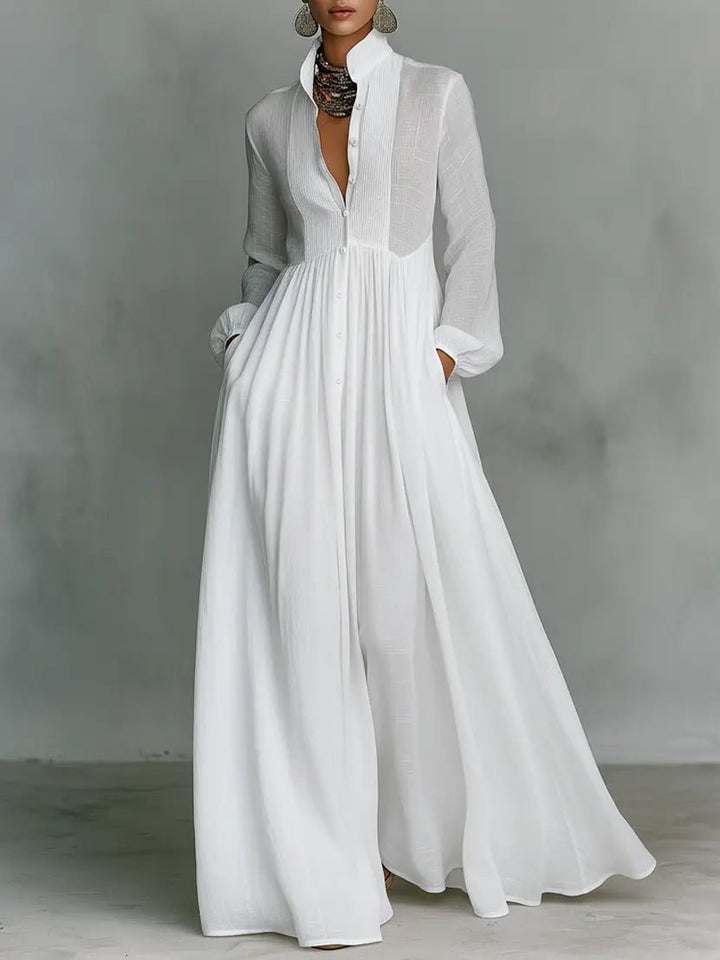 Jeane | Women Linen Stand-Collar Button-Front Maxi Dress