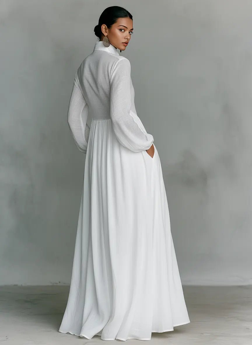 Jeane | Women Linen Stand-Collar Button-Front Maxi Dress