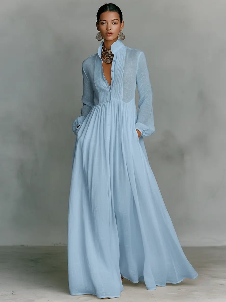 Jeane | Women Linen Stand-Collar Button-Front Maxi Dress