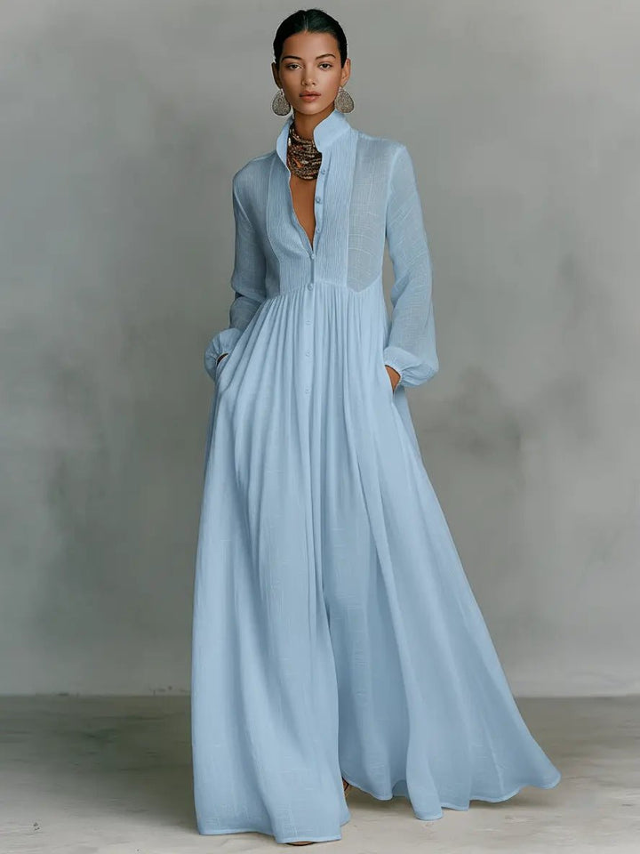 Jeane | Women Linen Stand-Collar Button-Front Maxi Dress