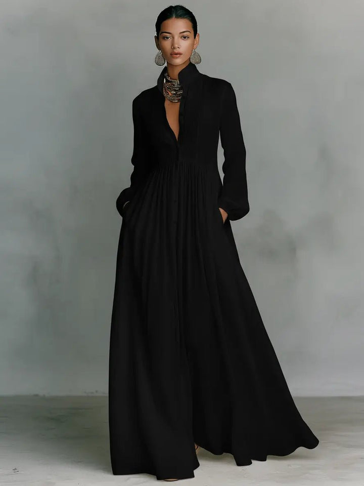 Jeane | Women Linen Stand-Collar Button-Front Maxi Dress