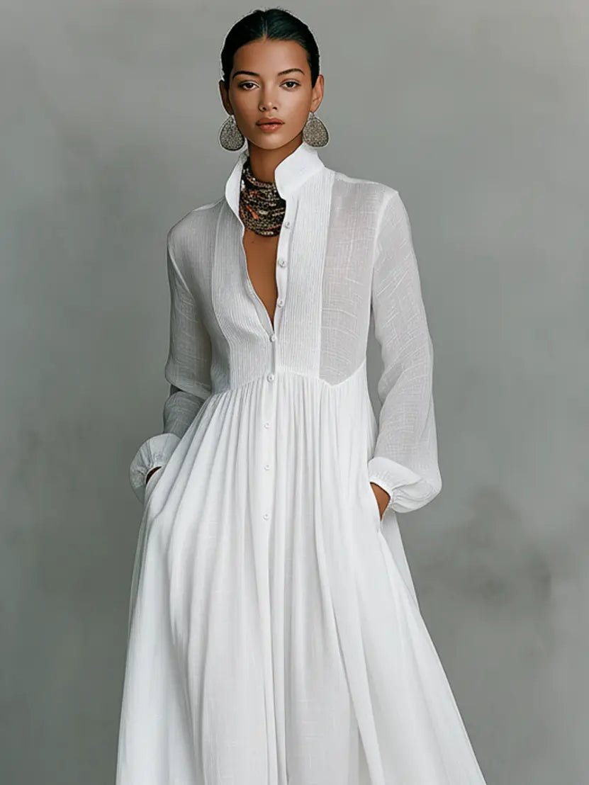 Jeane | Women Linen Stand-Collar Button-Front Maxi Dress