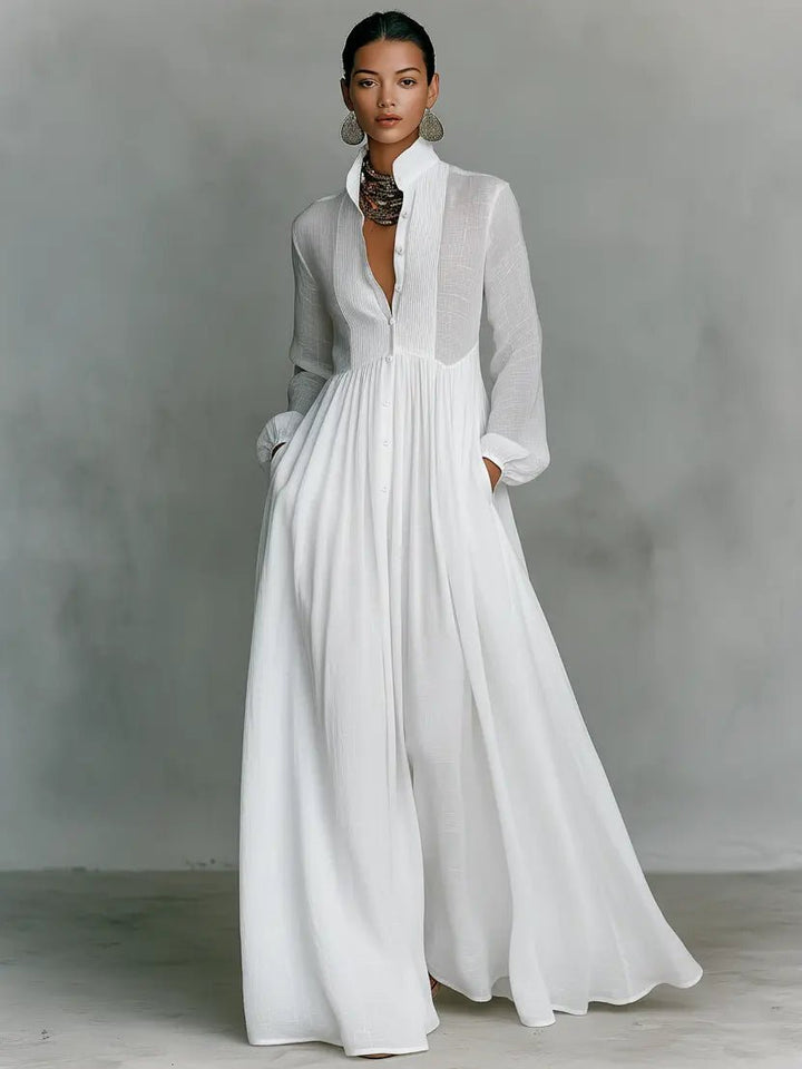 Jeane | Women Linen Stand-Collar Button-Front Maxi Dress