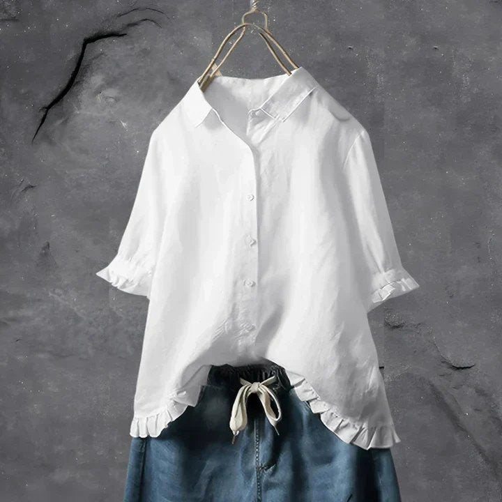 Arie | Linen Button-Front Tunic Top Ruffle Sleeves Blouse