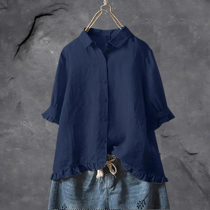 Arie | Linen Button-Front Tunic Top Ruffle Sleeves Blouse