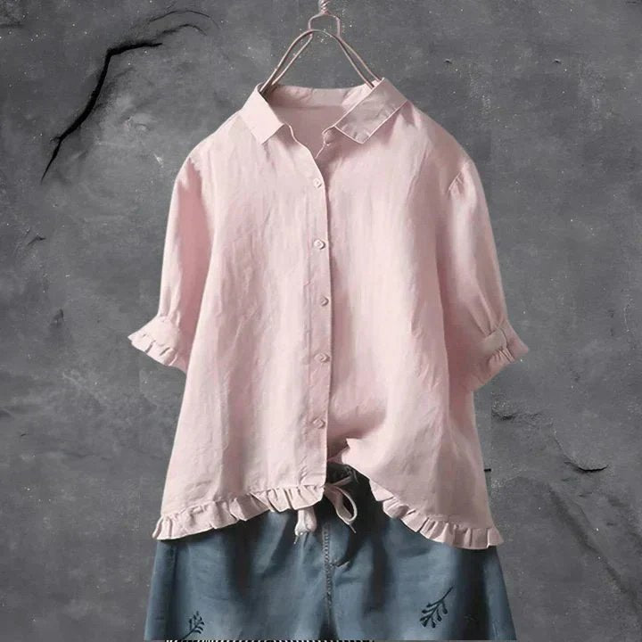 Arie | Linen Button-Front Tunic Top Ruffle Sleeves Blouse