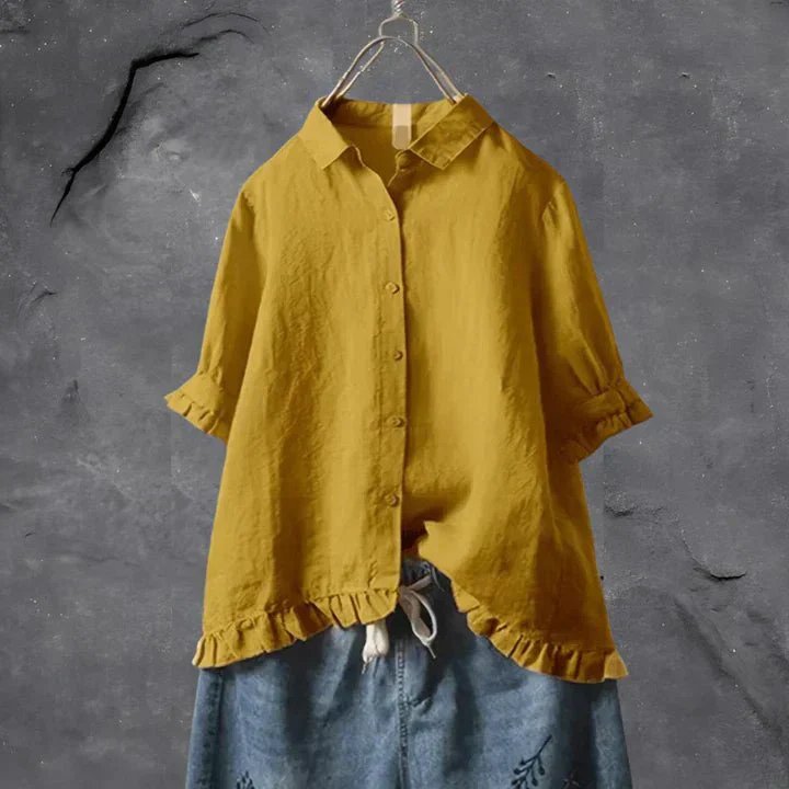 Arie | Linen Button-Front Tunic Top Ruffle Sleeves Blouse