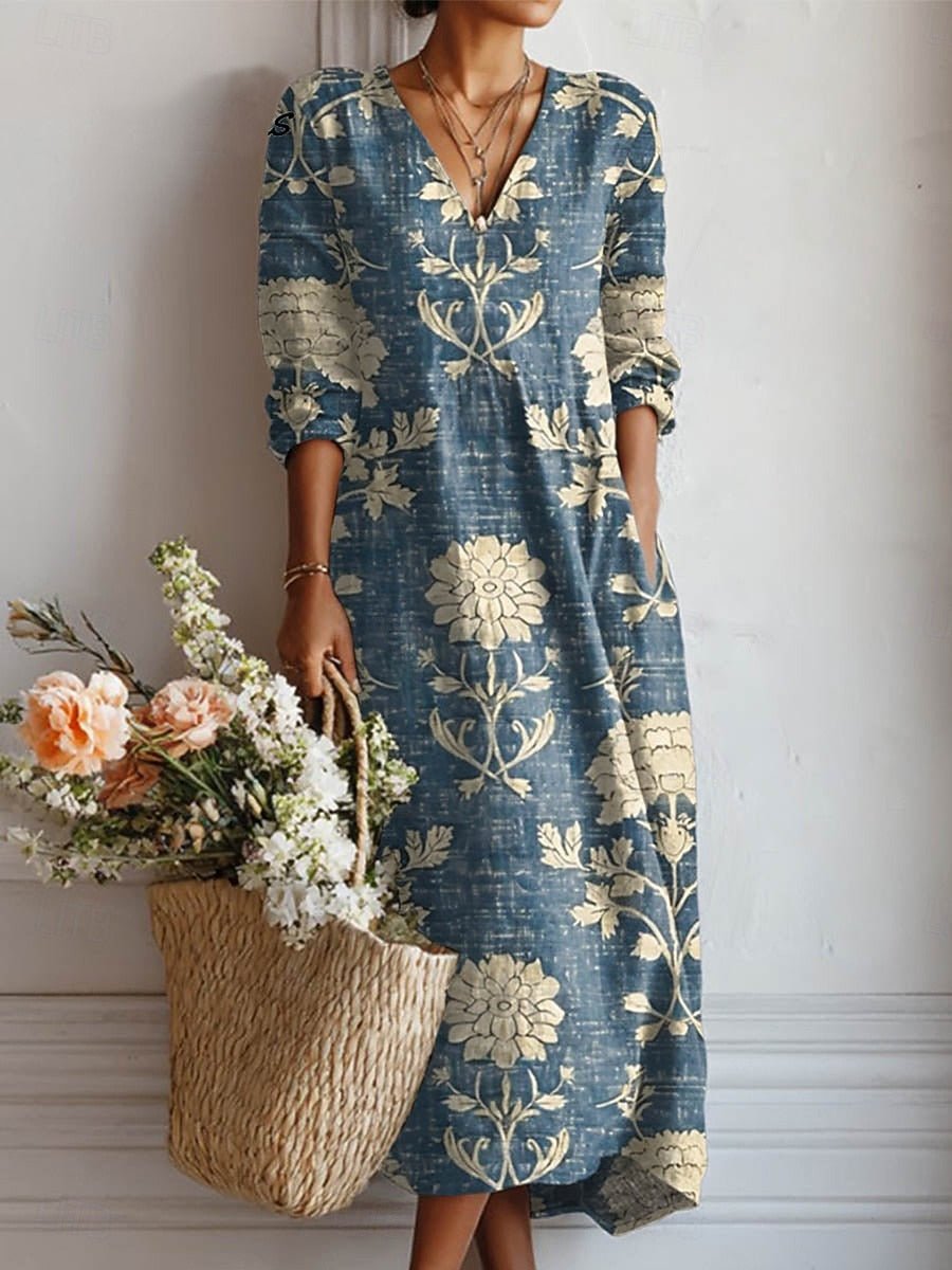 Marie - Boho Linen Floral Print Midi Summer Dress