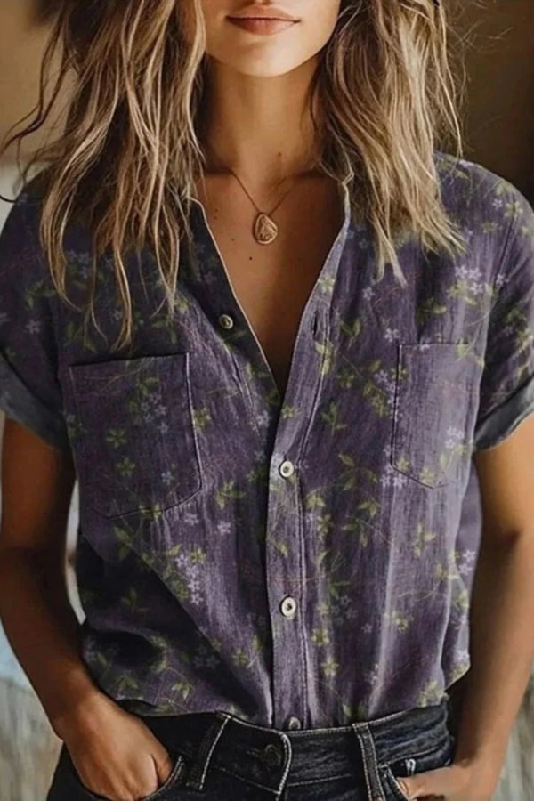 Omelia - Casual Floral Cotton Button-Front Blouse